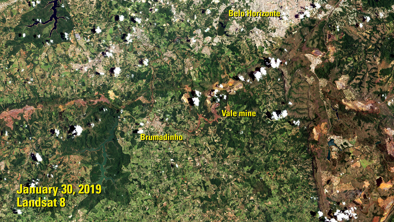 Landsat image of the aftermath of a dam collapse in Brazil