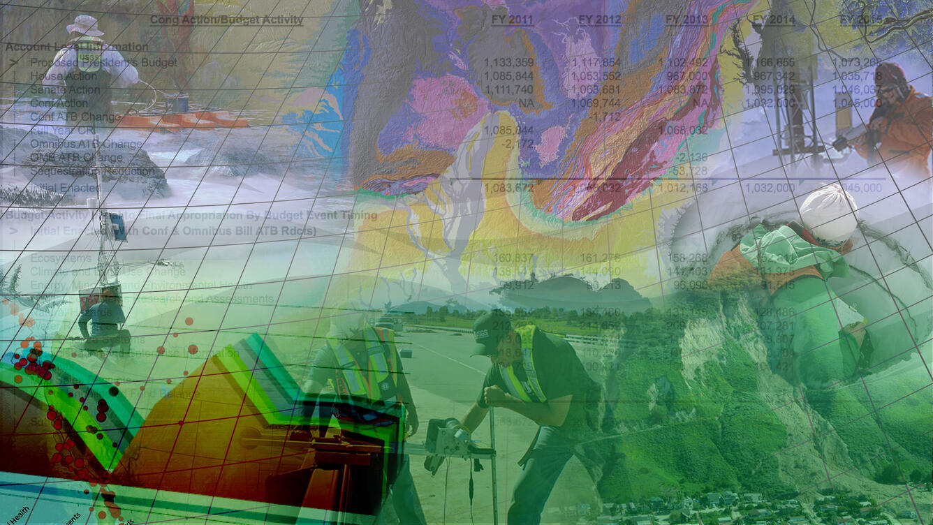 Collage of scientists doing work in field with example budget tables and charts over as graphic elements. 