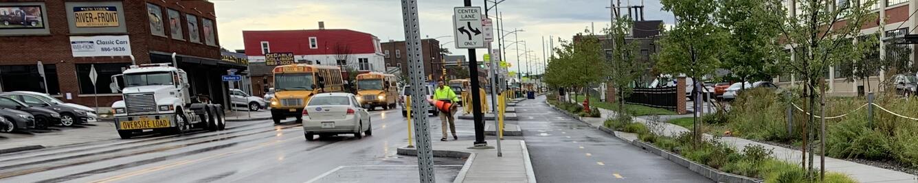 Looking south along rainy urban street in Buffalo, New York