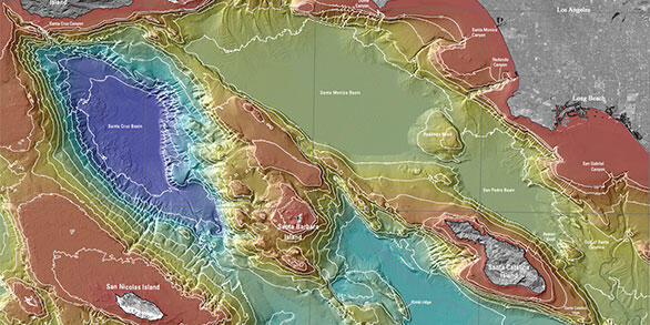 An illustrative map of the seafloor off southern California showing highs and lows.