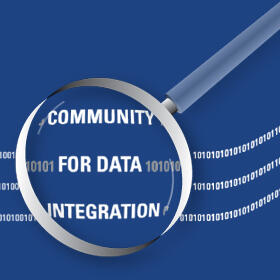 Magnifying glass highlighting text Community for Data Integration