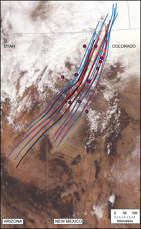 MODIS satellite image as in Figure 2, showing D8-WY13 dust event