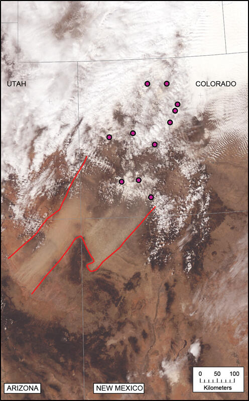 MODIS satellite image showing D8WY13 dust event originating in the Four Corners region