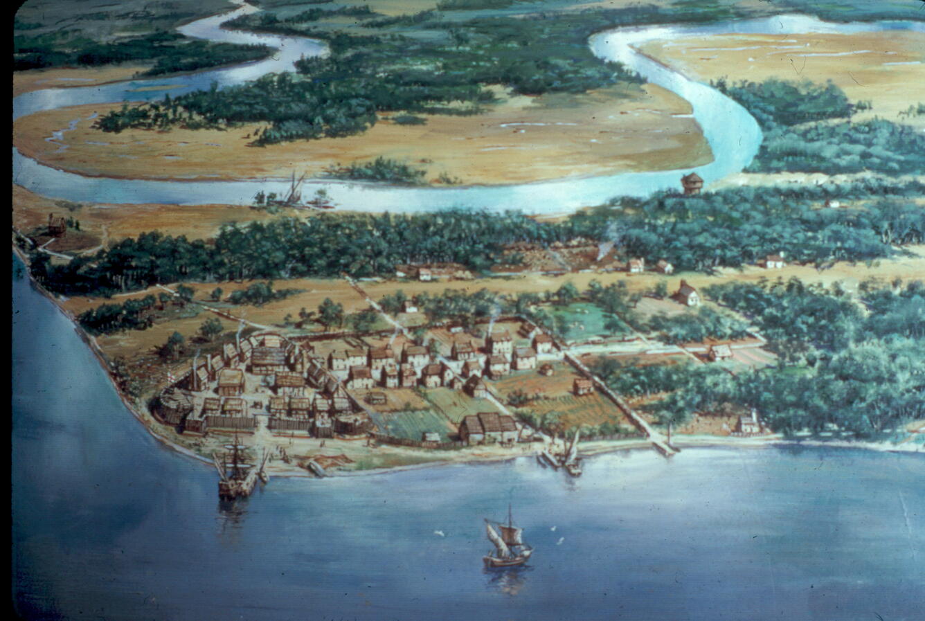 Painting - An aerial view of Jamestown in its early years, by Sidney E. King