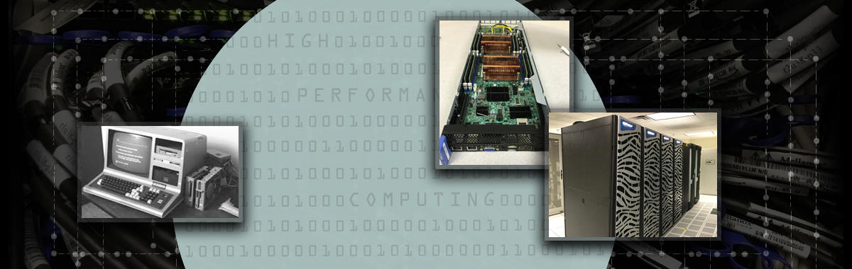 Compiled image shows an old dated computer as well as pieces of the newer YETI supercomputer operated by the USGS ARC group.