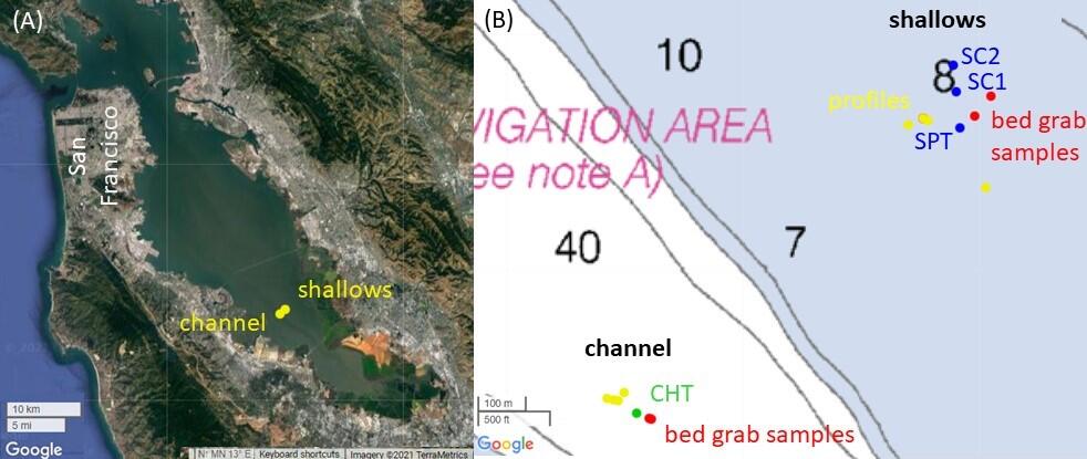 Two graphics show the location where data was collected and where observations were made, in San Francisco Bay