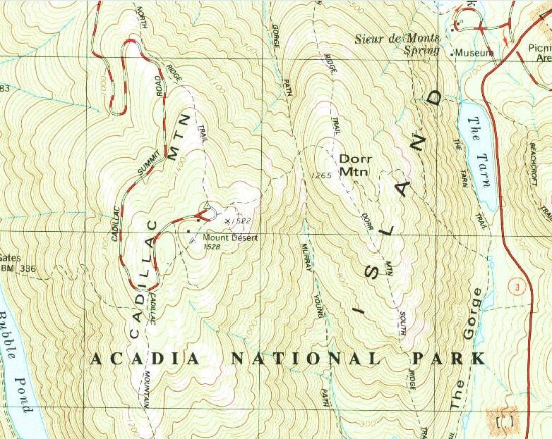 In this map section, the elevation of Acadia National Park's Cadillac Mountain can be seen.