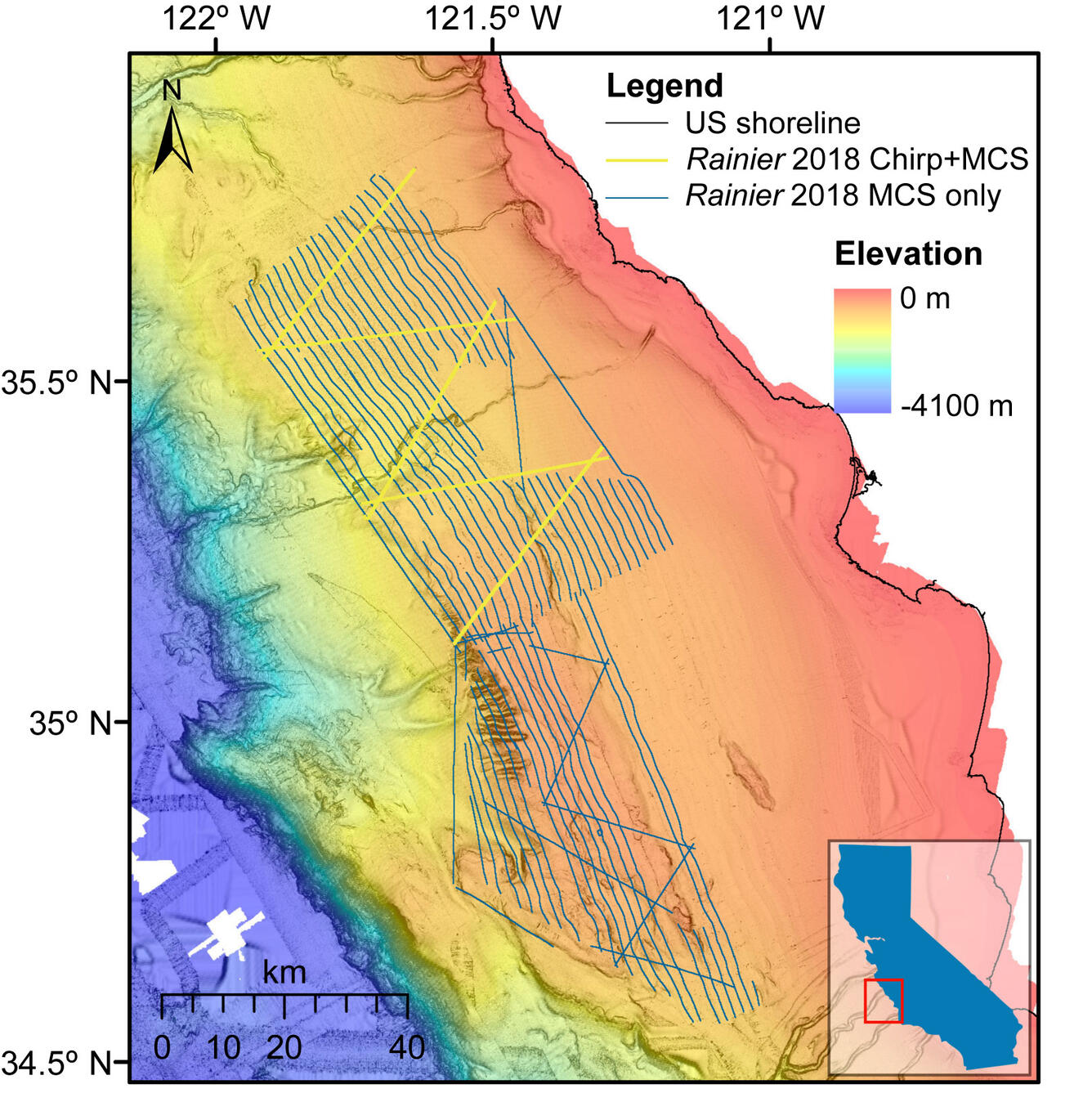 A map illustration of the seafloor showing features like channels and depth, with lines on top showing ship trackline.