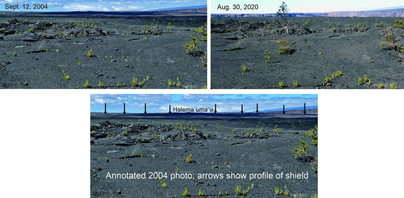 Comparison photos of the floor of Kīlauea Caldera from the foot of the Halema‘uma‘u Trail in Hawai‘i Volcanoes National Park, fr