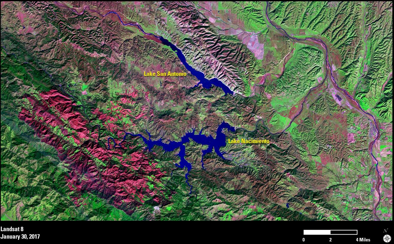 Image shows a satellite view of several California reservoirs