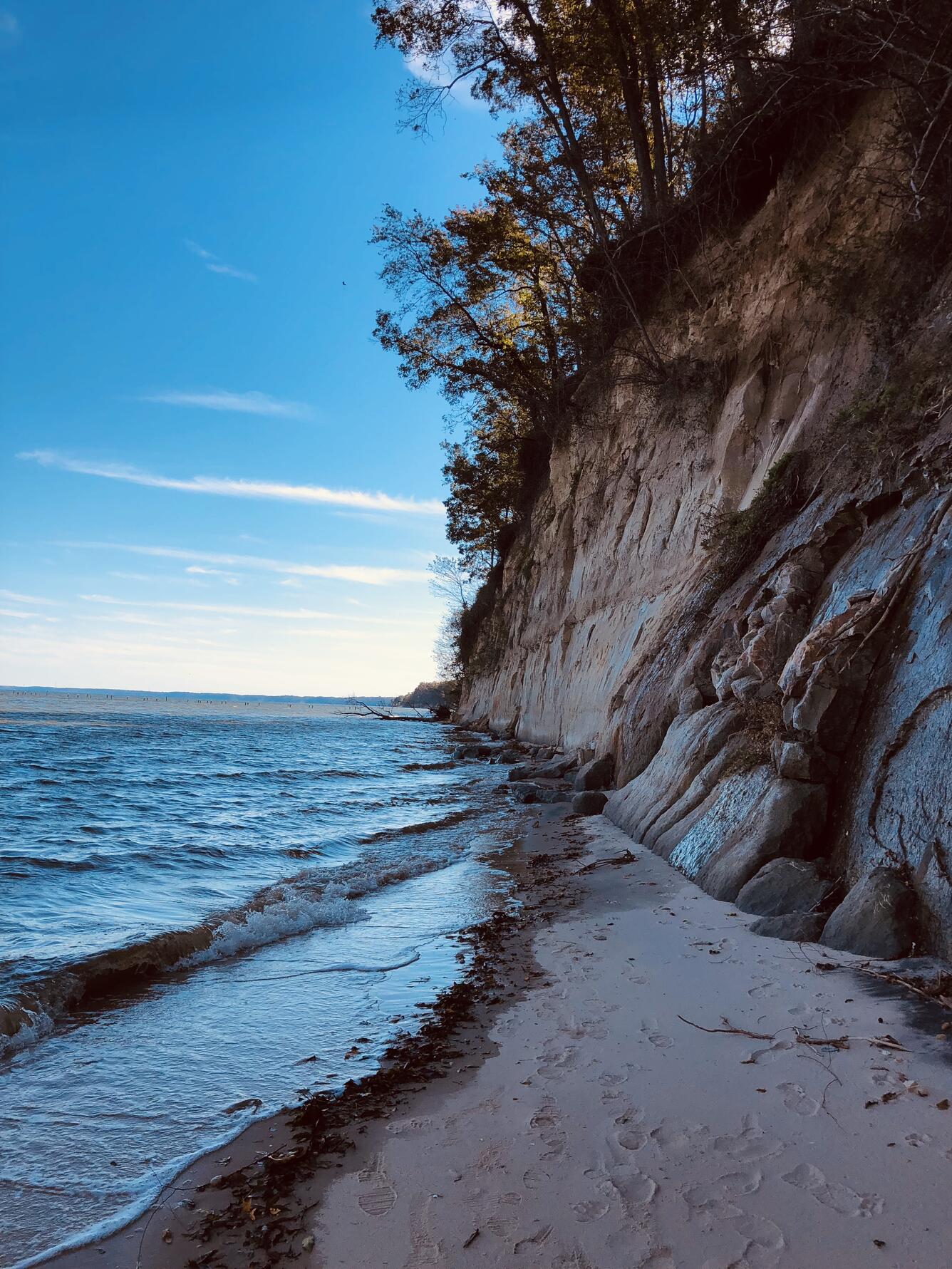 Coastline where water meets exposed cliff side showing geologic formation 