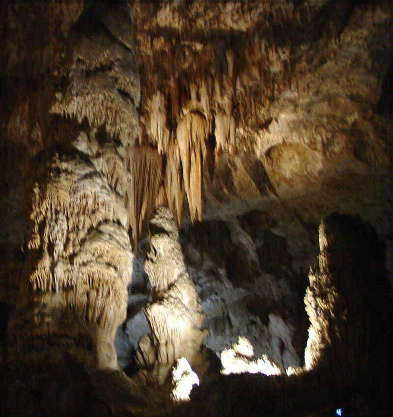 This is a photo of Massive stalagmites and stalactites in the Big Room of Carlsbad Caverns.