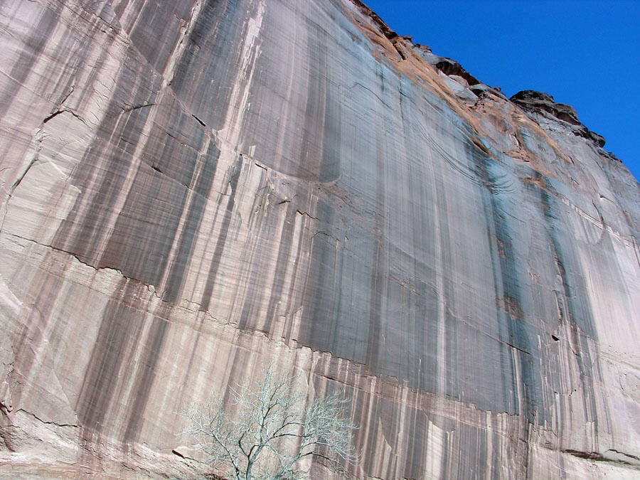 This is a photo of desert varnish of cliffs of massive DeChelly Sandstone. 