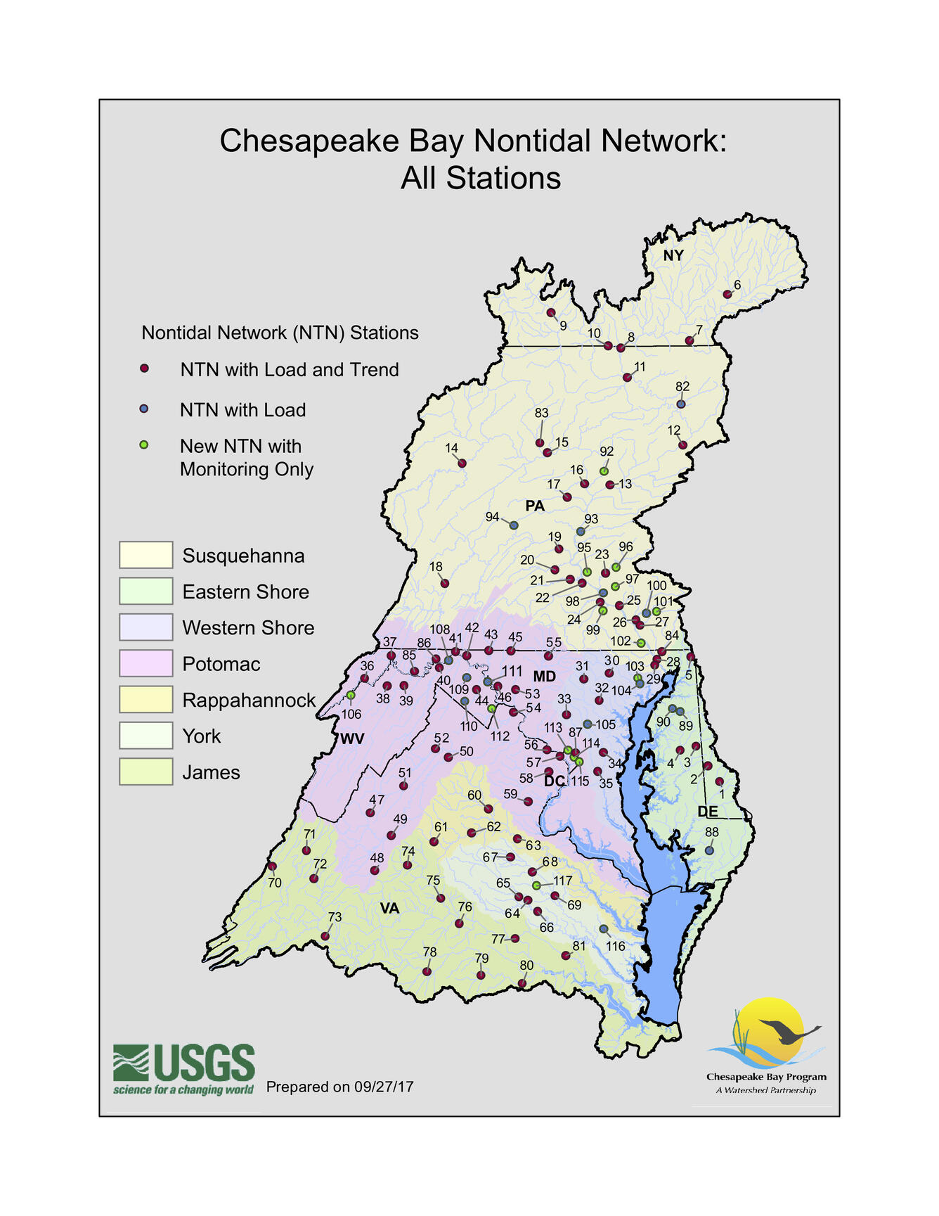 Map showing the location of each of the 115 non-tidal Chesapeake Bay network monitoring stations.