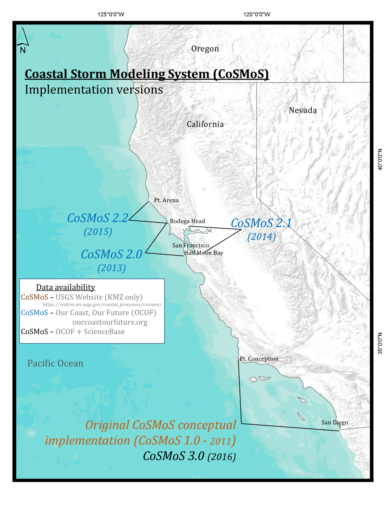 Mpa shows areas along the California coast where coastal storm modeling system implementations are completed