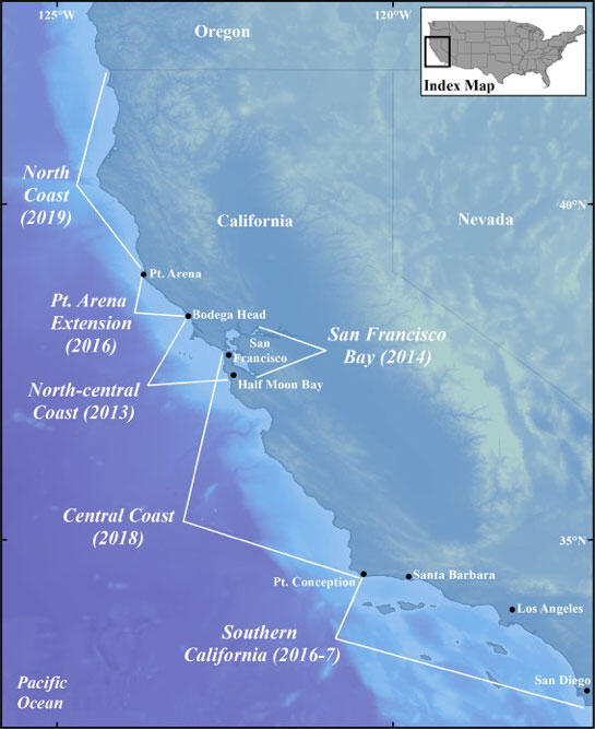 Artistic map of the west coast showing the names of stretches of coastline for which flooding maps have been made by a computer.