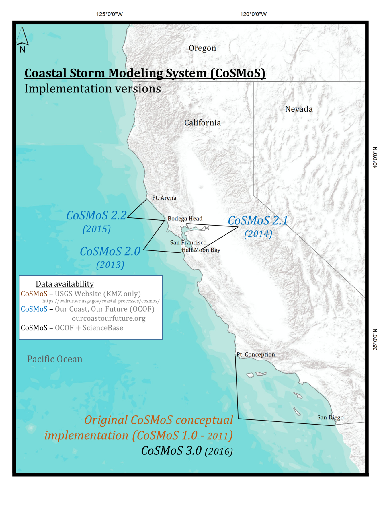 Map of California showing the sections of the coast where the USGS has generated computer models of storm impacts.