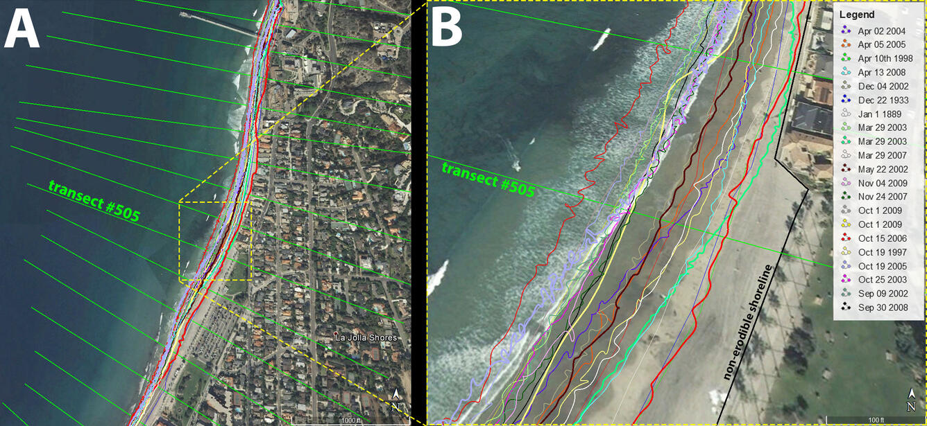 Aerial photograph with different lines drawn along the coast to show how the shoreline changed from 1889 to 2009.