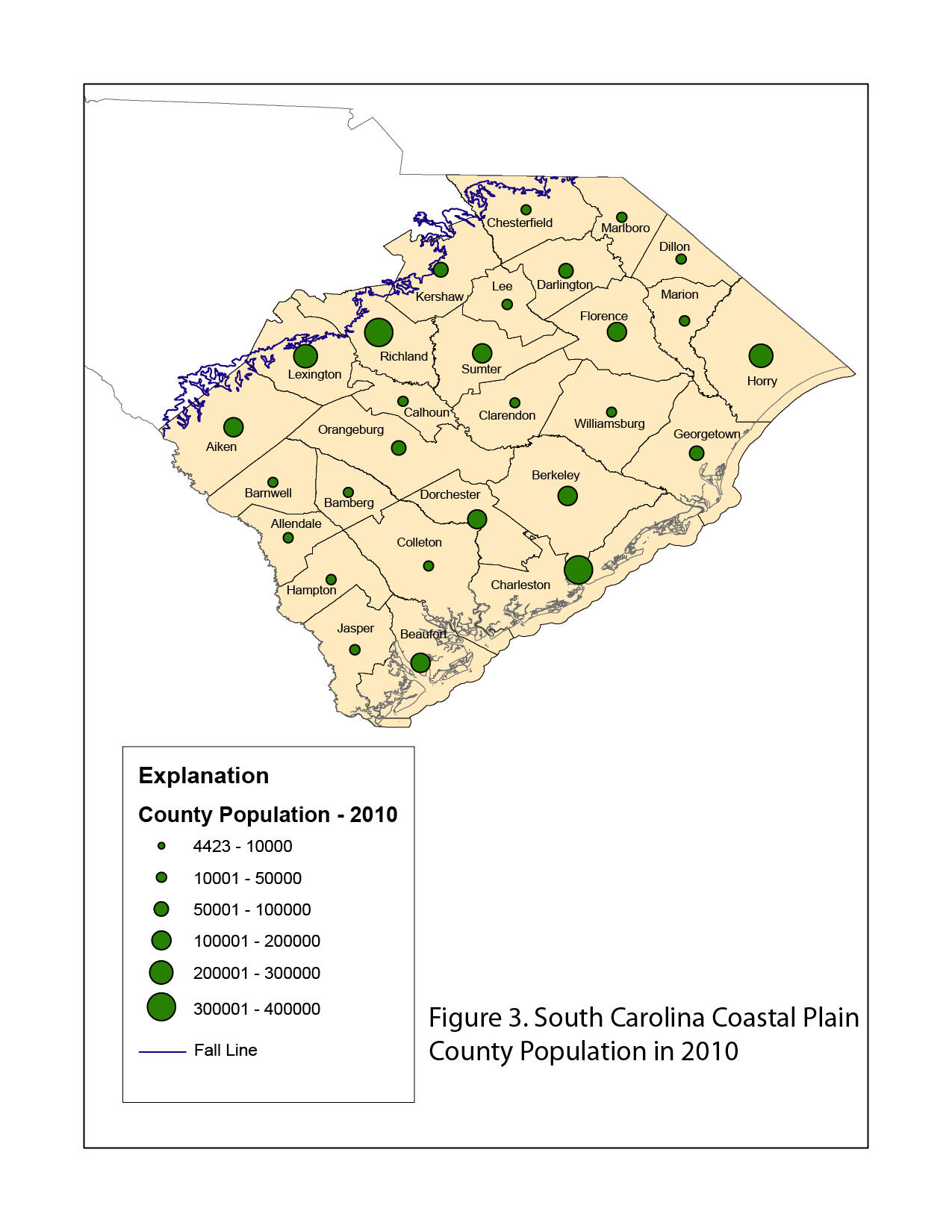 South Carolina Coastal Plain County Population Map in 2010