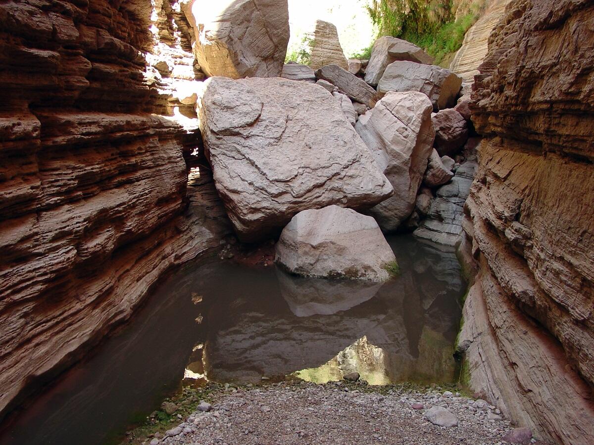 This is a photo of a pool and boulder jam in Fern Glen Canyon.