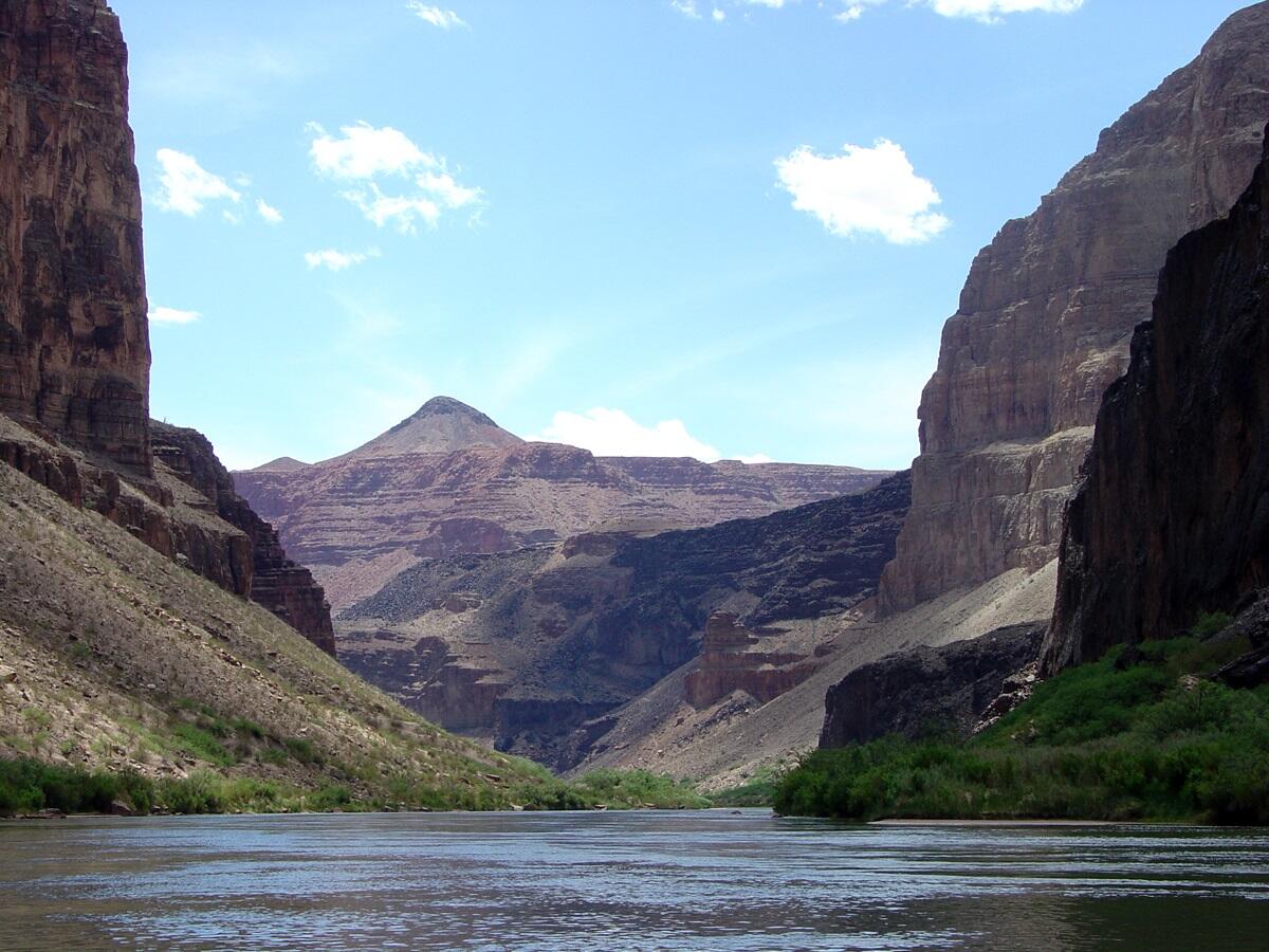 This is a photo of cliffs of Paleozoic sedimentary rocks, Quaternary lava flows, & a cinder cone on the north rim of the canyon.