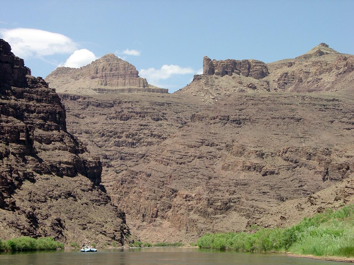 This is a photo of inclined sedimentary beds of the Precambrian-age Shinumo Quartzite.