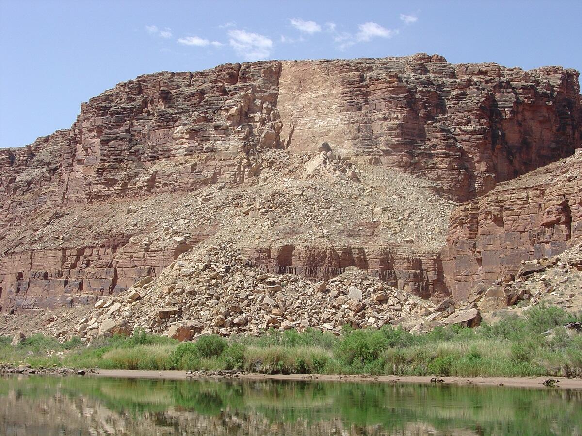 This is a photo of a massive rock fall from the Kaibab Limestone onto the north bank of the Colorado River.