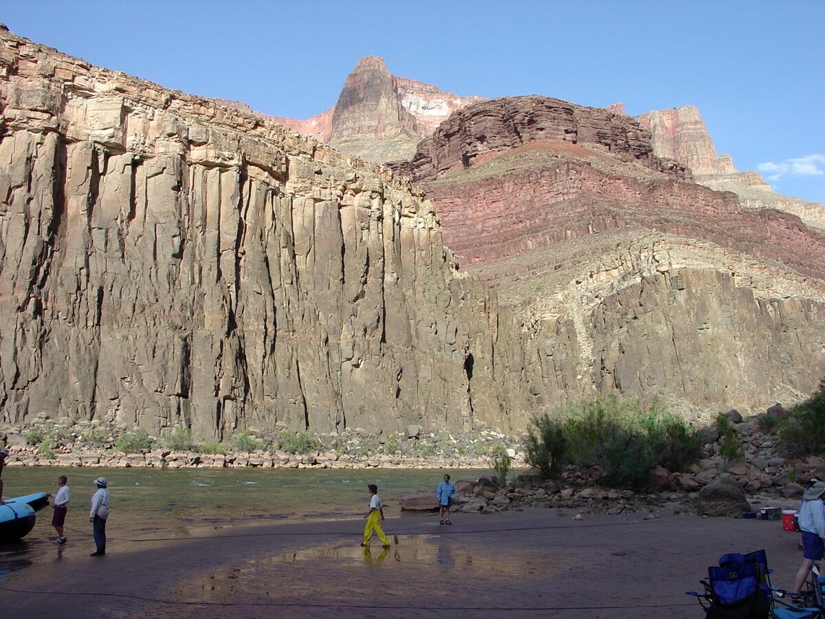 This is a photo of cliffs consisting of volcanic sill below Hakatai Shale exposed along the north bank of the river.