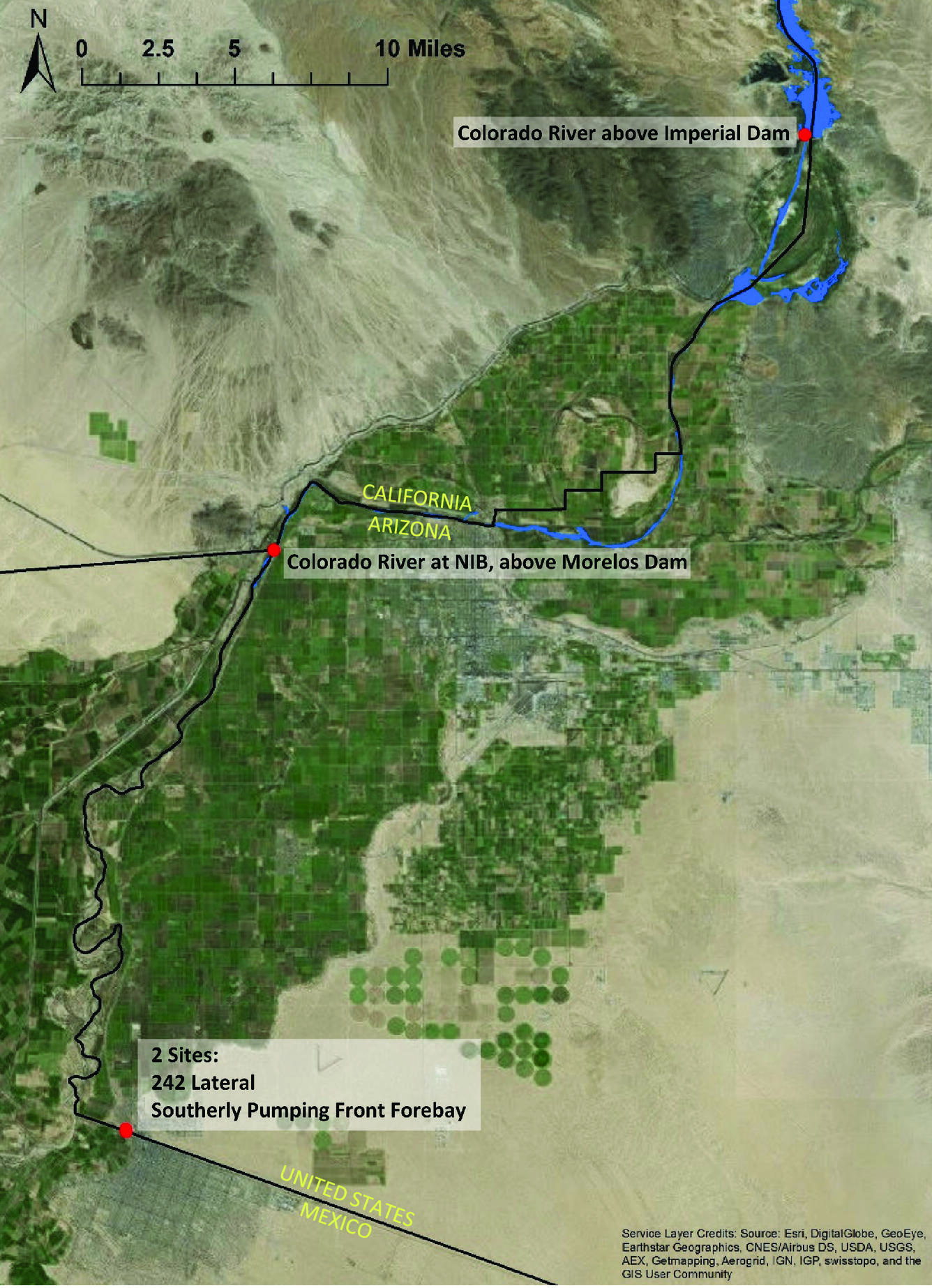 Map of the Colorado River between Imperial Dam and the U.S – Mexico border, and approximate locations of proposed continuous sal