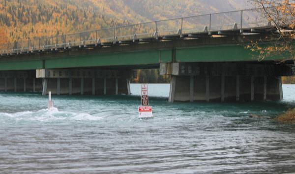 Bridge scour from flood waters in 2012 at Cooper Landing, Alaska.