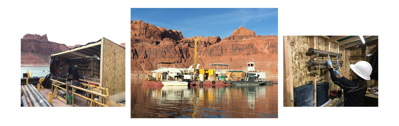 Barge with drill rig used for coring Lake Powell, showing cores collected