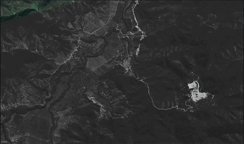 Animation showing change to a gold mining area in Sakdrisi Mountains, Georgia