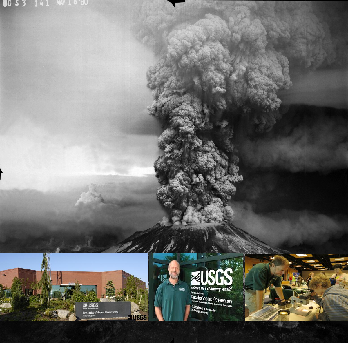 Image shows several insets against the backdrop of Mount St. Helens erupting
