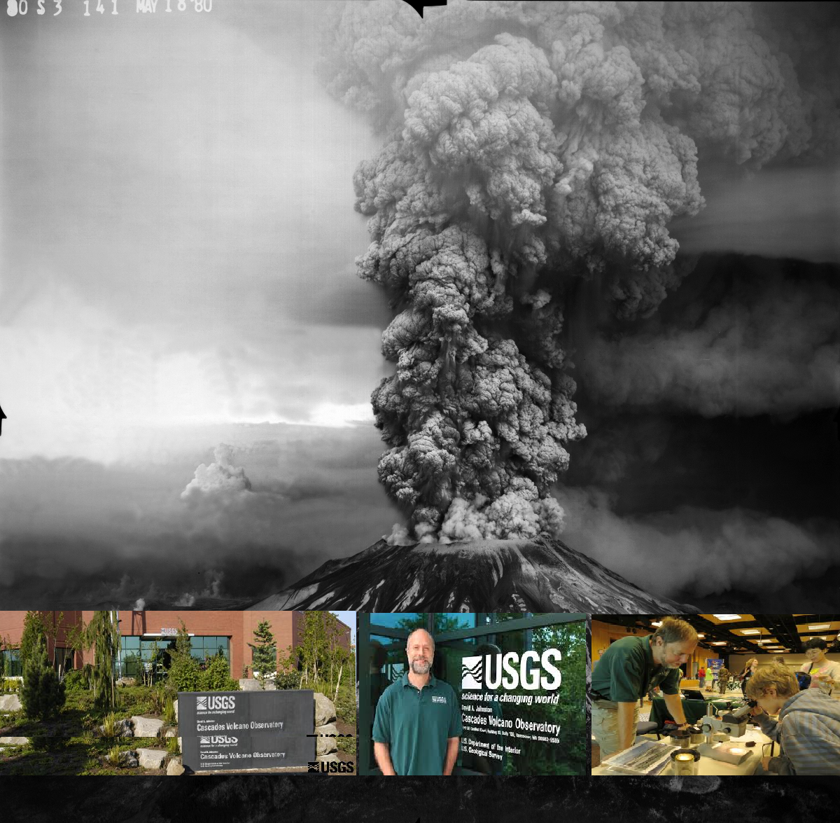 Image shows several smaller images inset against the 1980 eruption of Mount St Helens