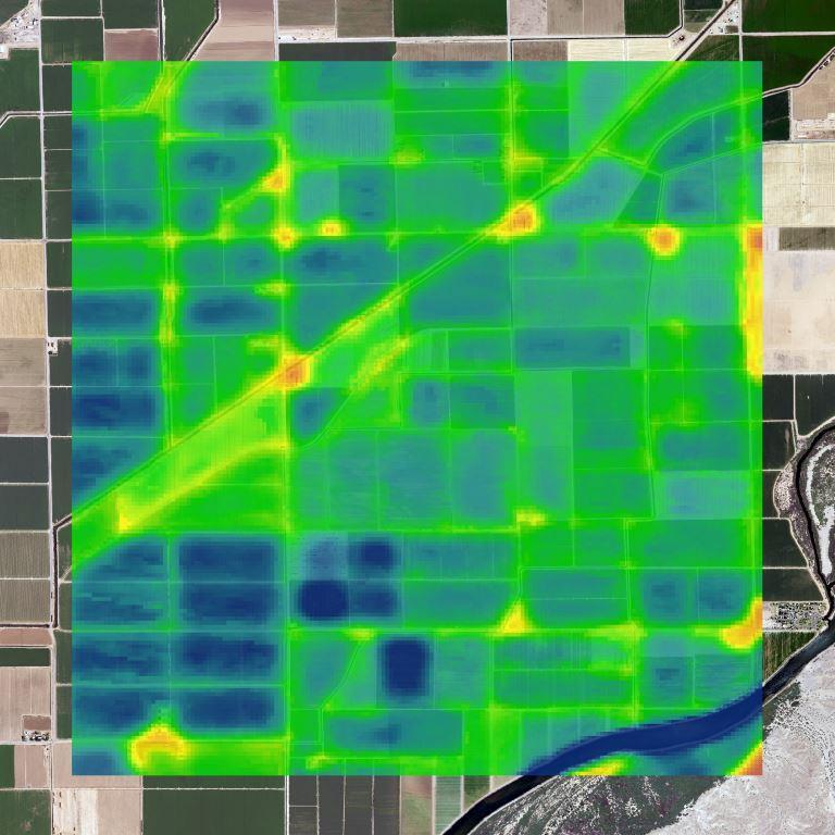 Aerial imagery overlain by modeled evapotranspiration from a field