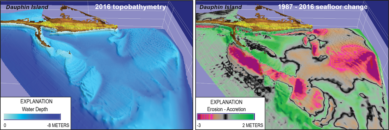 Left: shades of blue show water depth. Right: changes in colors show accretion or erosion of the seafloor