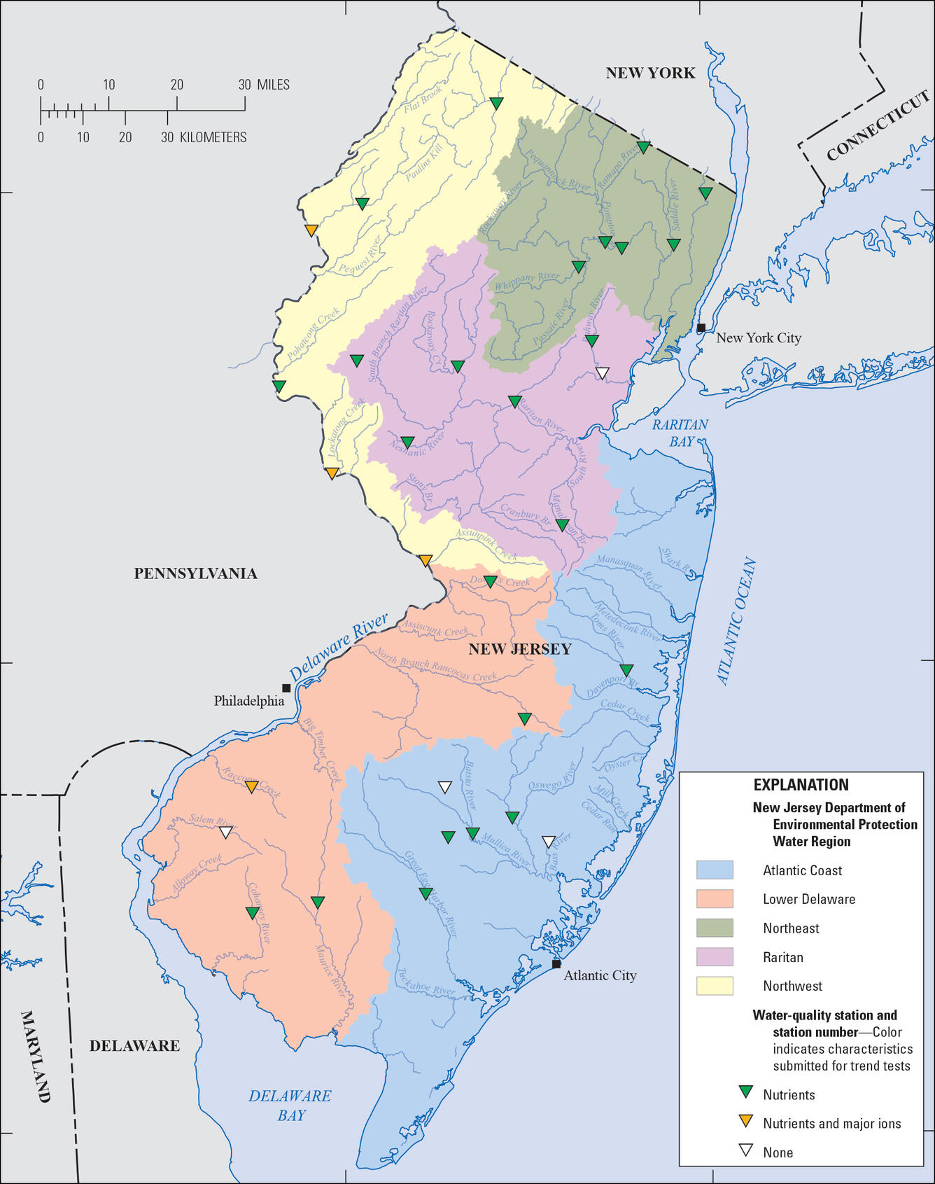 Map of New Jersey showing water sampling sites