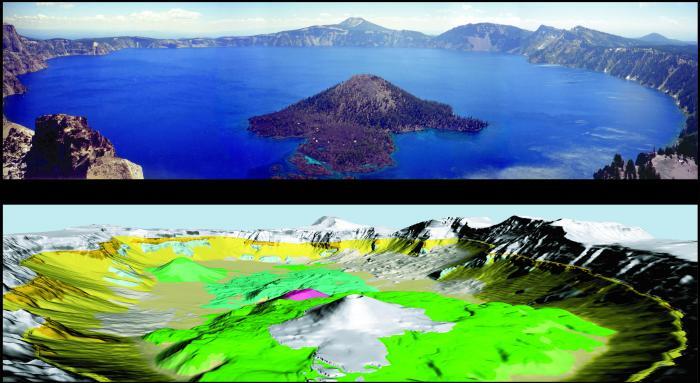 Top: The crystal blue waters of Crater Lake. Bottom: a USGS oblique bathymetric map.