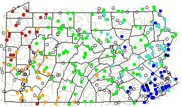 Map of NWIS streamflow conditions in Pennsylvania