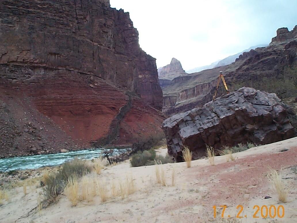 GPS base station setup on debris fan, river left, Hance Rapid (River Mile 77.3)