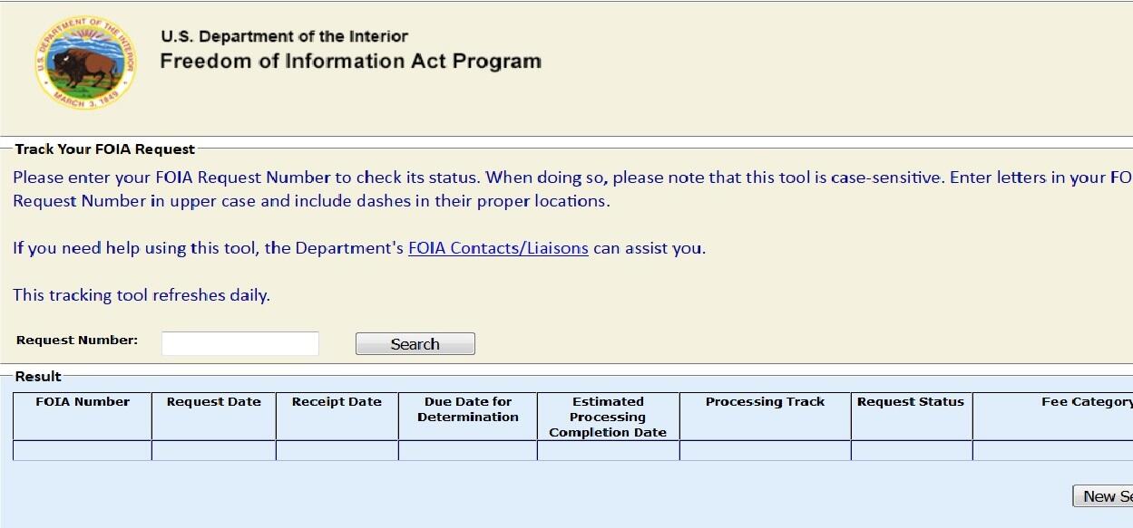 Screenshot of form with search window for FOIA request number