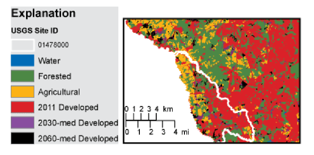 Forecasted change in land cover for Christina River at Choochs Bridge, Delaware basin - USGS Site ID 01478000. Background is 201