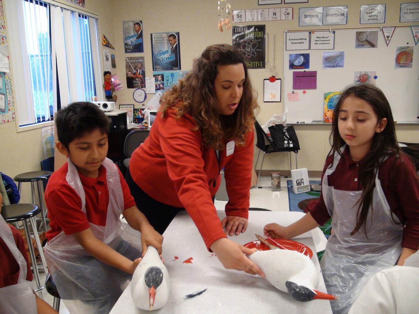Photo of a USGS scientist helping students paint Caspian tern decoys