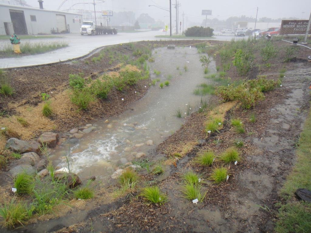 Bioretention cell during rainstorm at Omaha Sewer Maintenance Facility