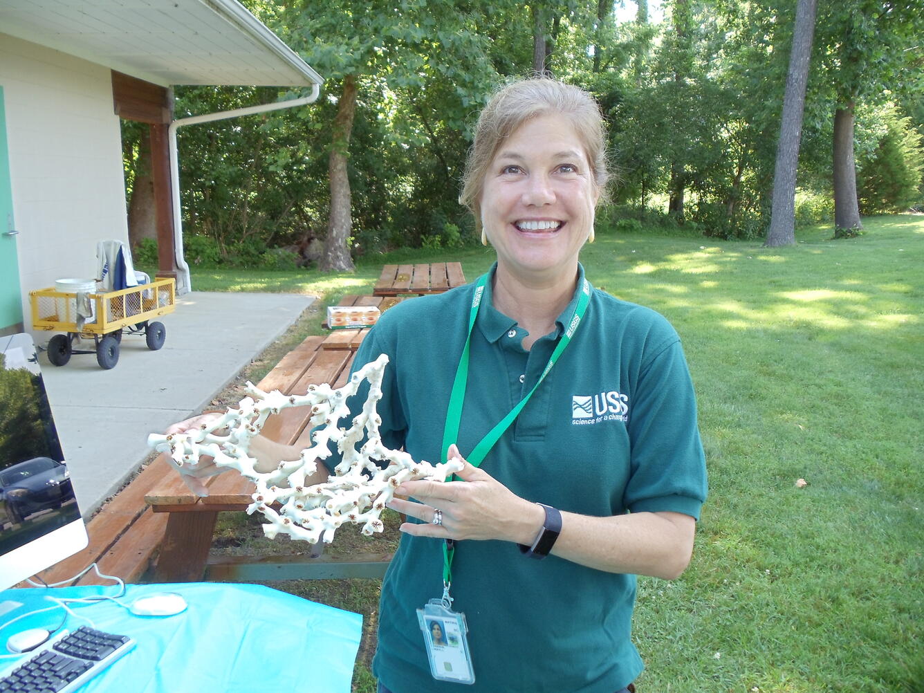 Cheryl Morrison holds a skeleton of the deep-sea coral Lophelia pertusa