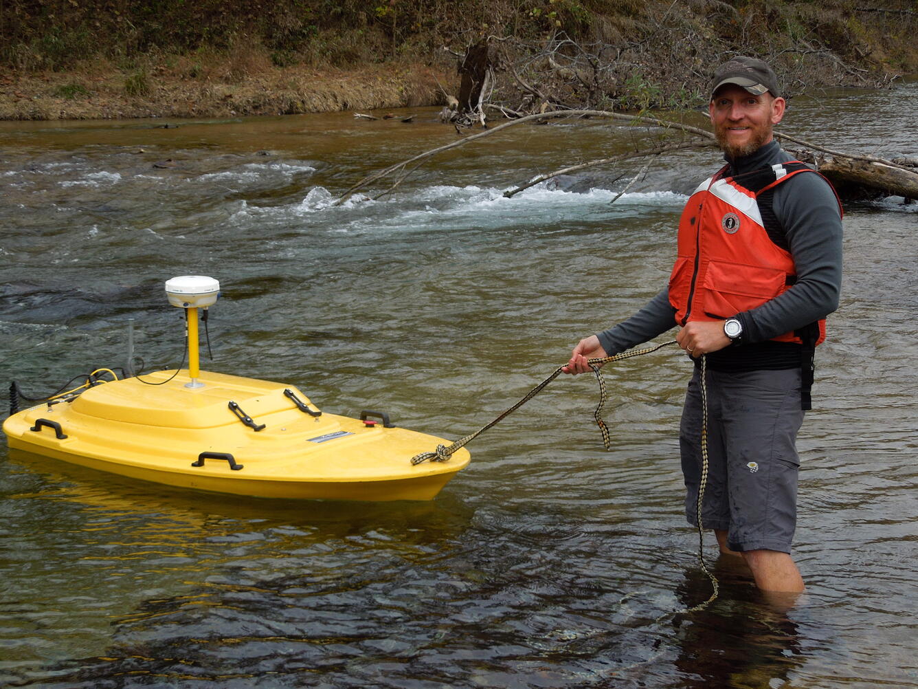 Hydrologic technician Brian Anderson prepares to launch the Z-boat on the Current River