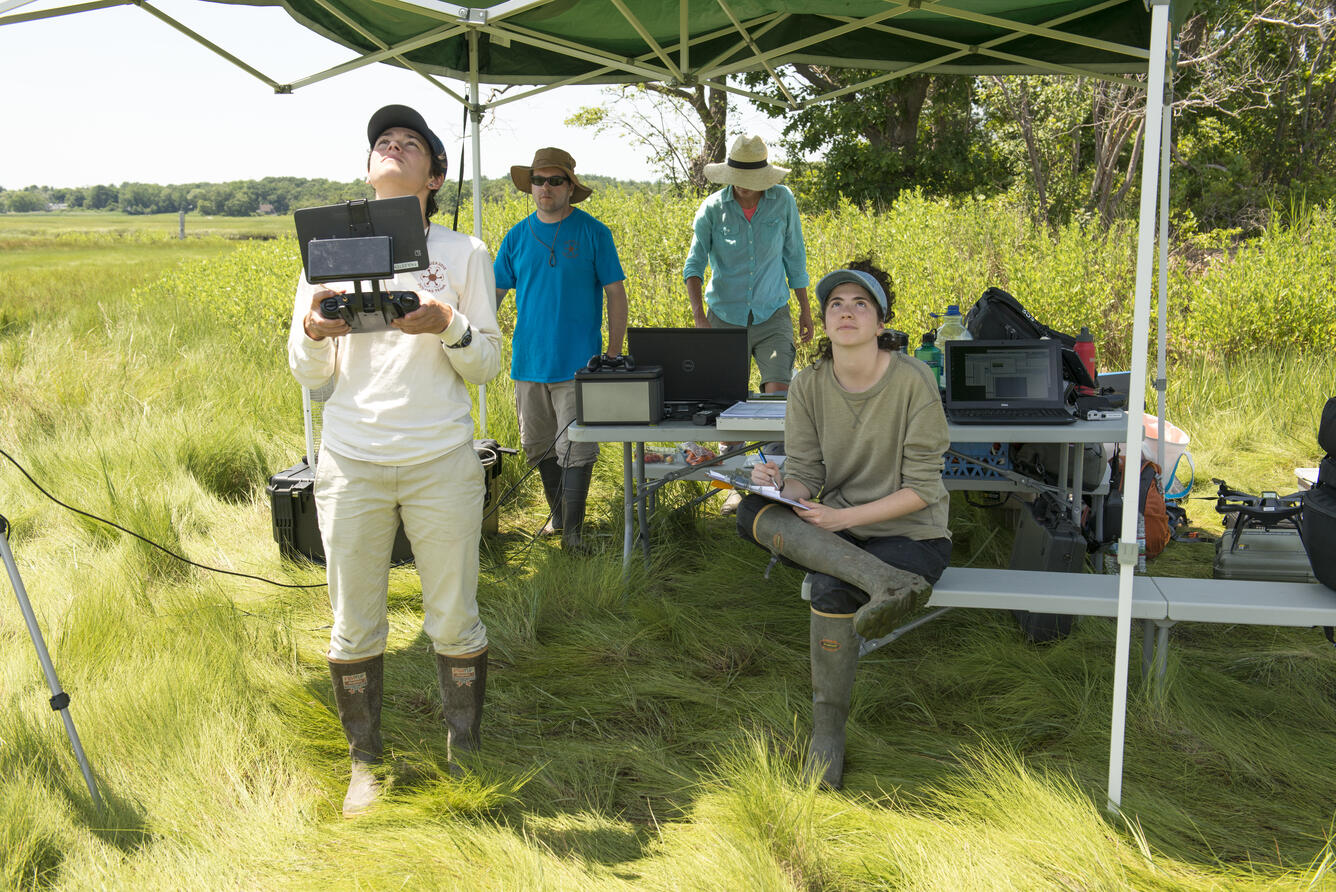 group looking at drone in the air