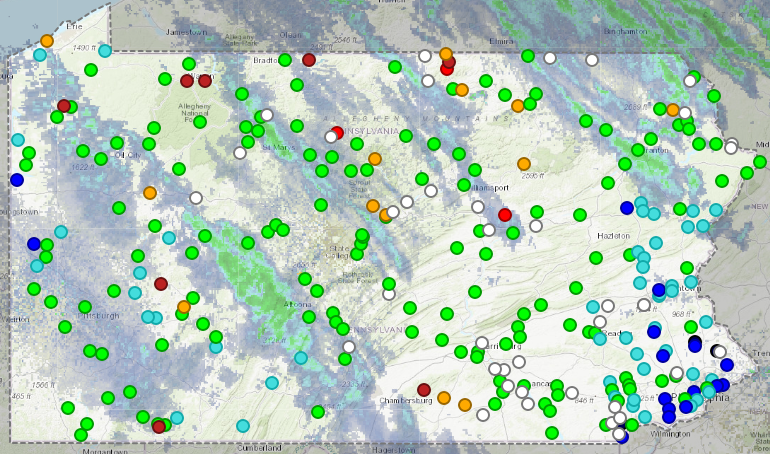 Screen shot of National Water Dashboard showing map of Pennsylvania