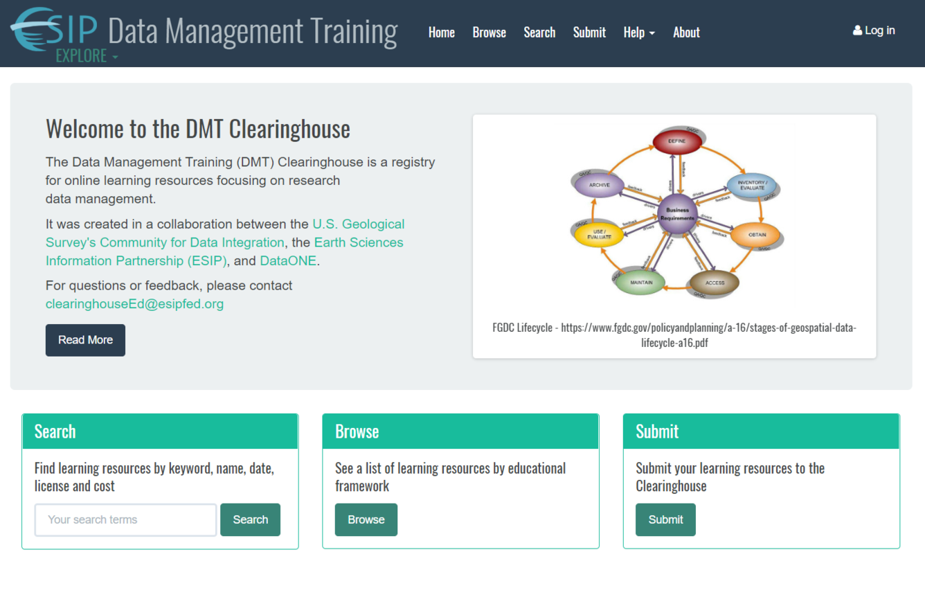 Screenshot of the Data Management Training Clearinghouse
