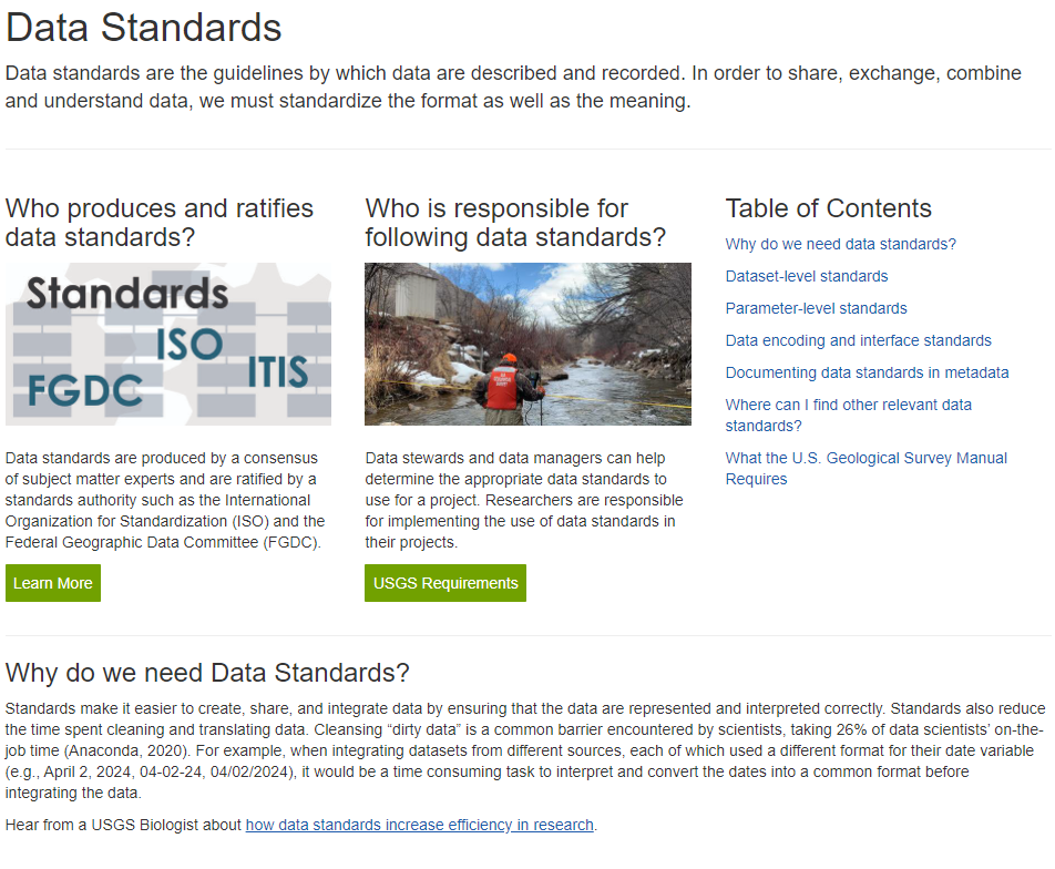 Screenshot of the updated Data Standards page on the Data Management website